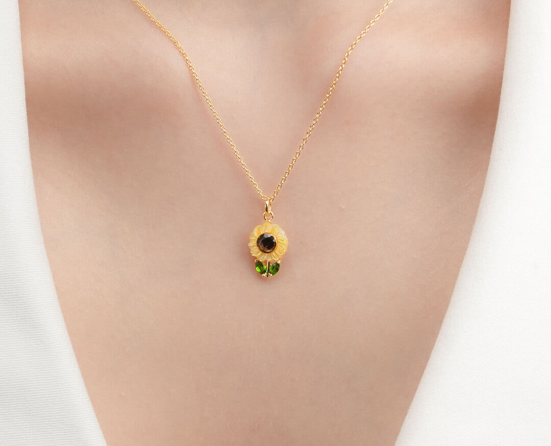 Carved Sunflower Necklace in 18k Gold Vermeil from Mondays Made worn on a model