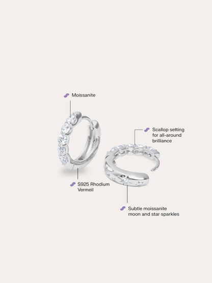 White Moissanite Huggies S925 Silver Rhodium Up Down (2) – Mondays Made Flower & Birthstone Jewelry Singapore