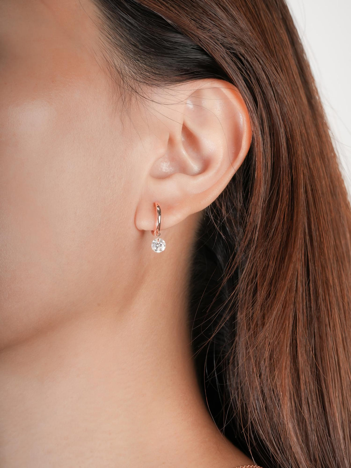 Floating Moissanite Huggie Earrings 18K Rose Gold (2) – Mondays Made Flower & Birthstone Jewelry Singapore
