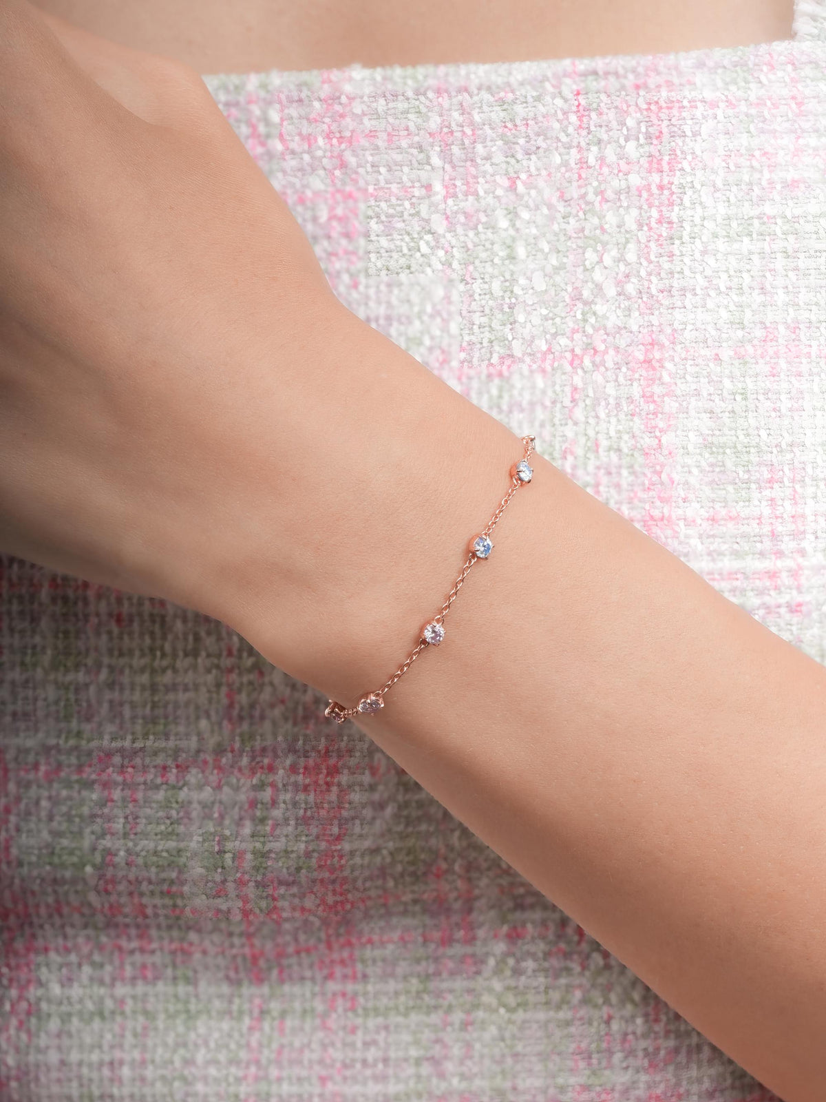 Lilac Sunset Moissanite Station Bracelet 18K Rose Gold (2) – Mondays Made Flower & Birthstone Jewelry Singapore