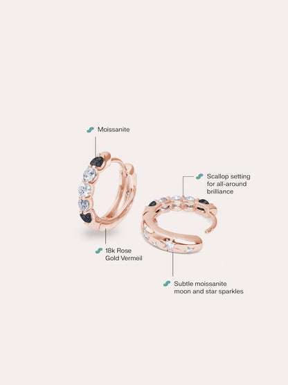 Midnight Glow Moissanite Reversible Huggie Earrings 18K Rose Gold Up Down – Mondays Made Flower & Birthstone Jewelry Singapore