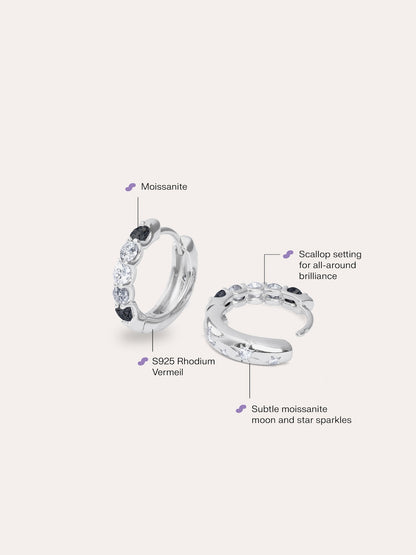 Midnight Glow Moissanite Reversible Huggie Earrings S925 Silver Rhodium Up Down – Mondays Made Flower & Birthstone Jewelry Singapore