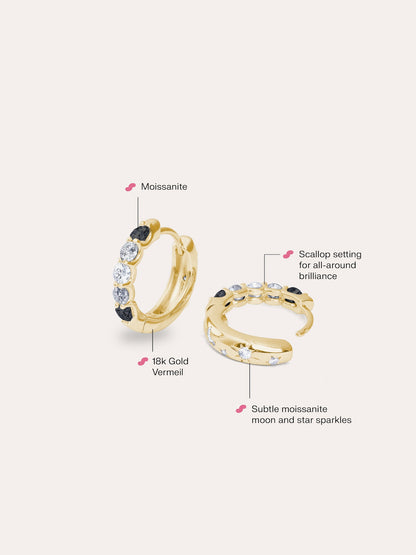 Midnight Glow Moissanite Reversible Huggie Earrings 18K Gold Up Down – Mondays Made Flower & Birthstone Jewelry Singapore