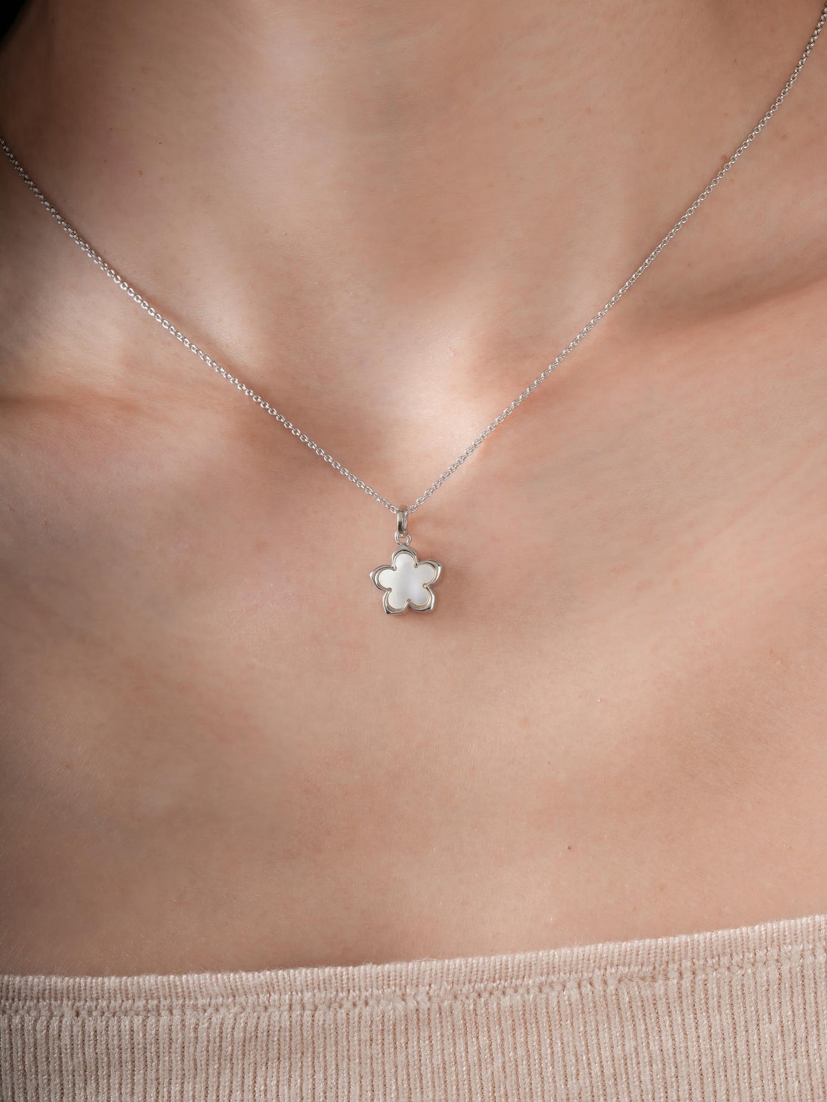 Mother of Pearl Sakura Necklace S925 Silver Rhodium (4) – Mondays Made Flower & Birthstone Jewelry Singapore