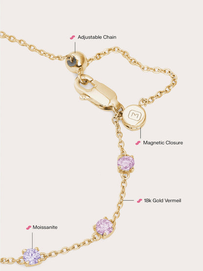 Mth Lilac Moissanite Bracelet 18K Gold Close Up – Mondays Made Flower & Birthstone Jewelry Singapore