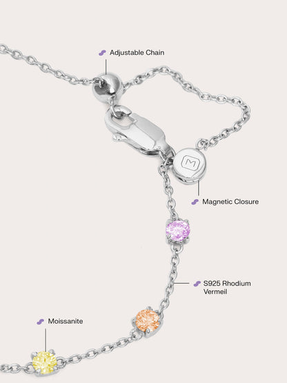 Rainbow Moissanite Bracelet S925 Silver Rhodium Close Up – Mondays Made Flower & Birthstone Jewelry Singapore