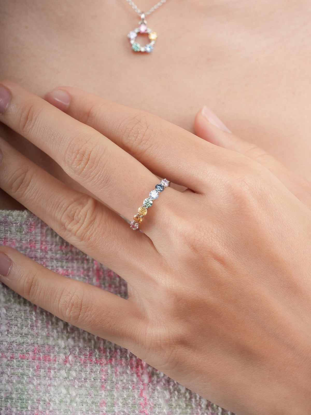 Rainbow Moissanite Eternity Band S925 Silver Rhodium (14) – Mondays Made Flower & Birthstone Jewelry Singapore