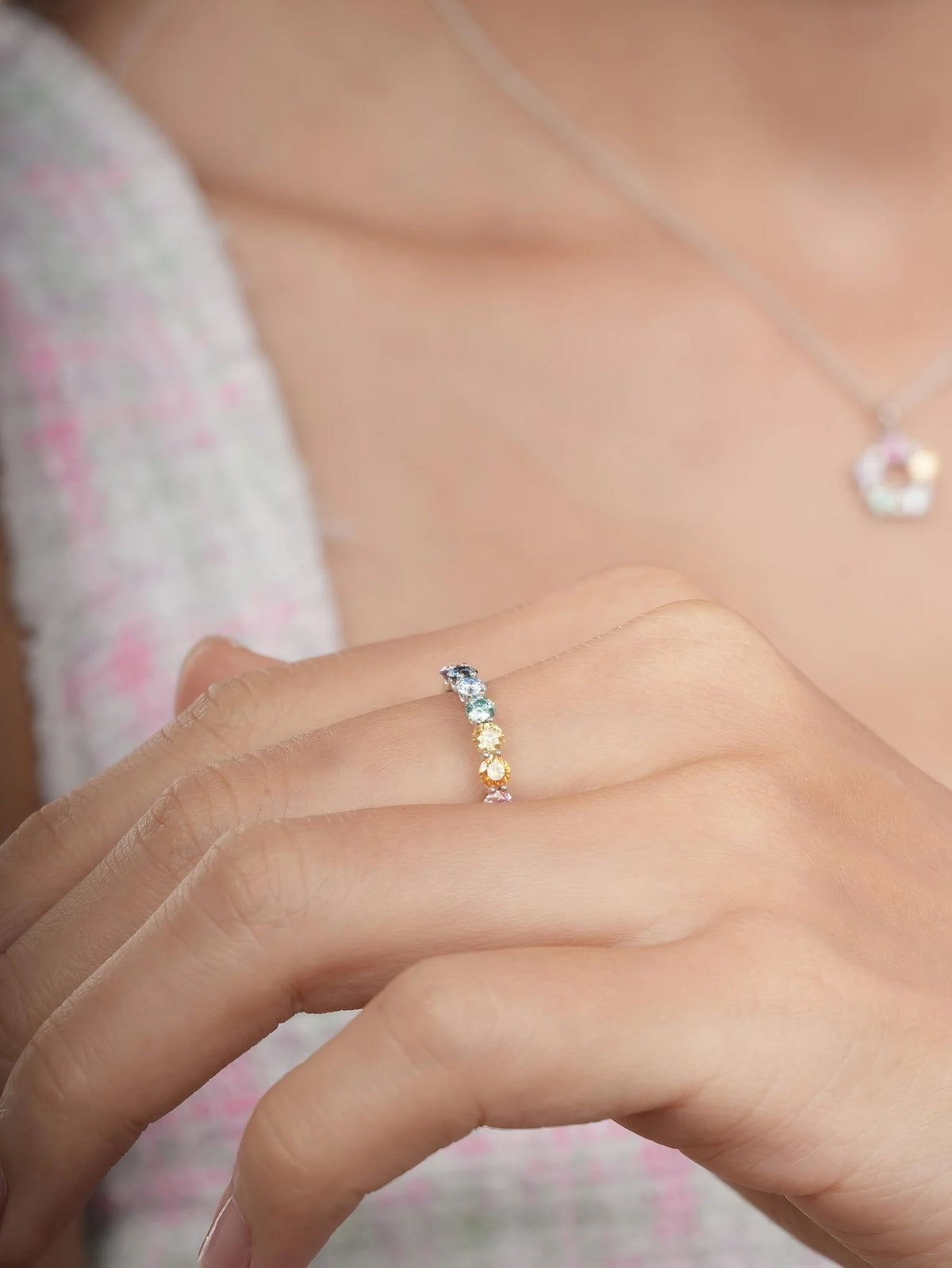 Rainbow Moissanite Eternity Band