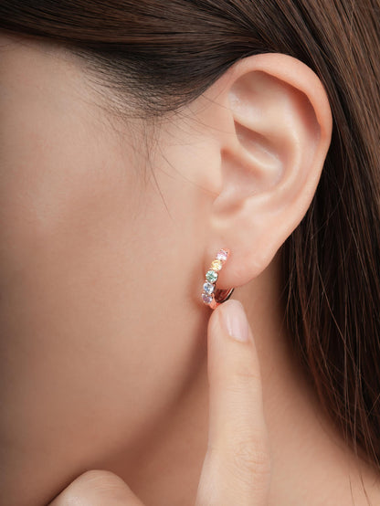 Rainbow Moissanite Reversible Huggie Earrings 18K Rose Gold (2) – Mondays Made Flower & Birthstone Jewelry Singapore