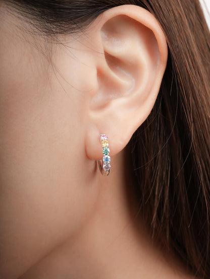 Rainbow Moissanite Reversible Huggie Earrings S925 Silver Rhodium (1) – Mondays Made Flower & Birthstone Jewelry Singapore