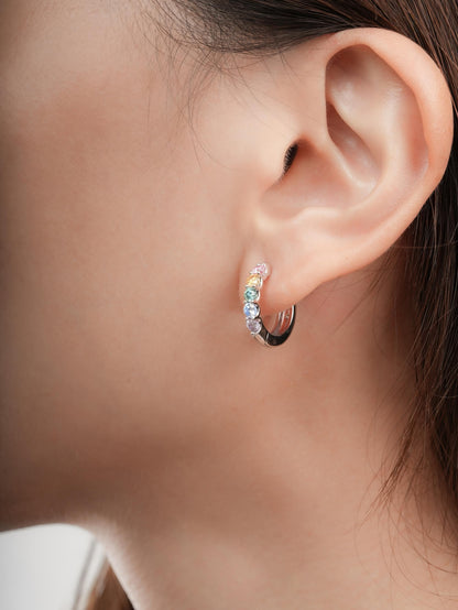 Rainbow Moissanite Reversible Huggie Earrings S925 Silver Rhodium (3) – Mondays Made Flower & Birthstone Jewelry Singapore