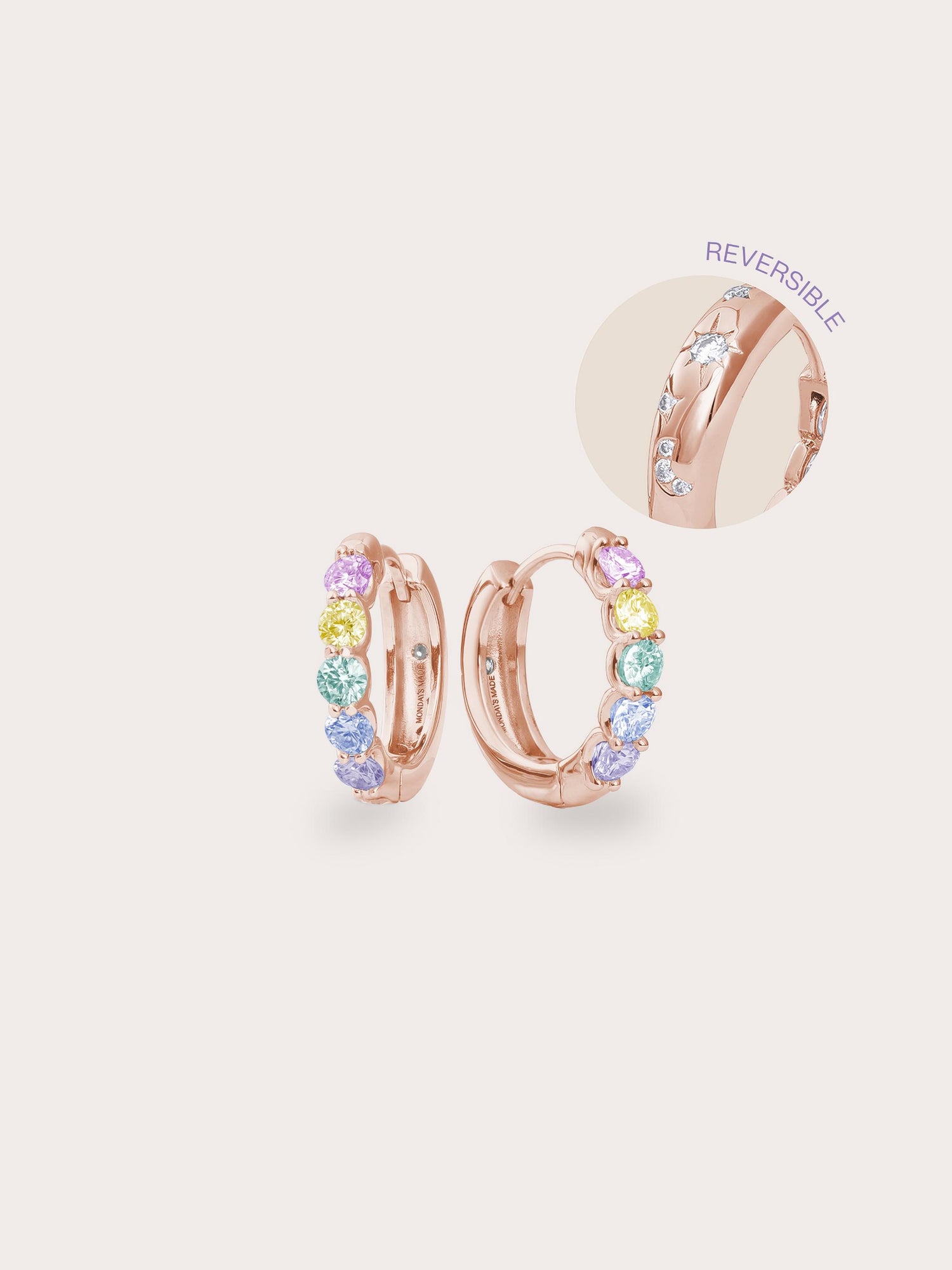 Rainbow Moissanite Reversible Huggie Earrings in 18k Rose Gold Vermeil from Mondays Made