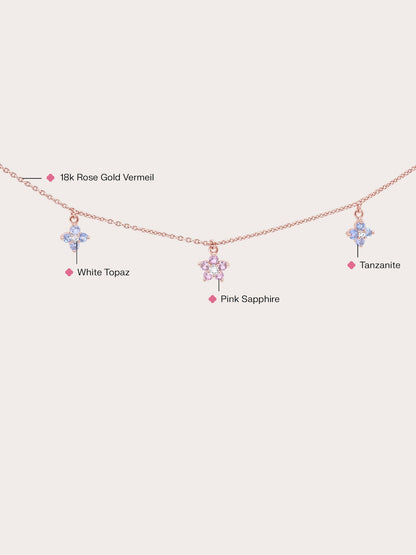 Trio Blossom Necklace Pink Sapphire Tanzanite 18K Rose Gold (2) – Mondays Made Flower & Birthstone Jewelry Singapore