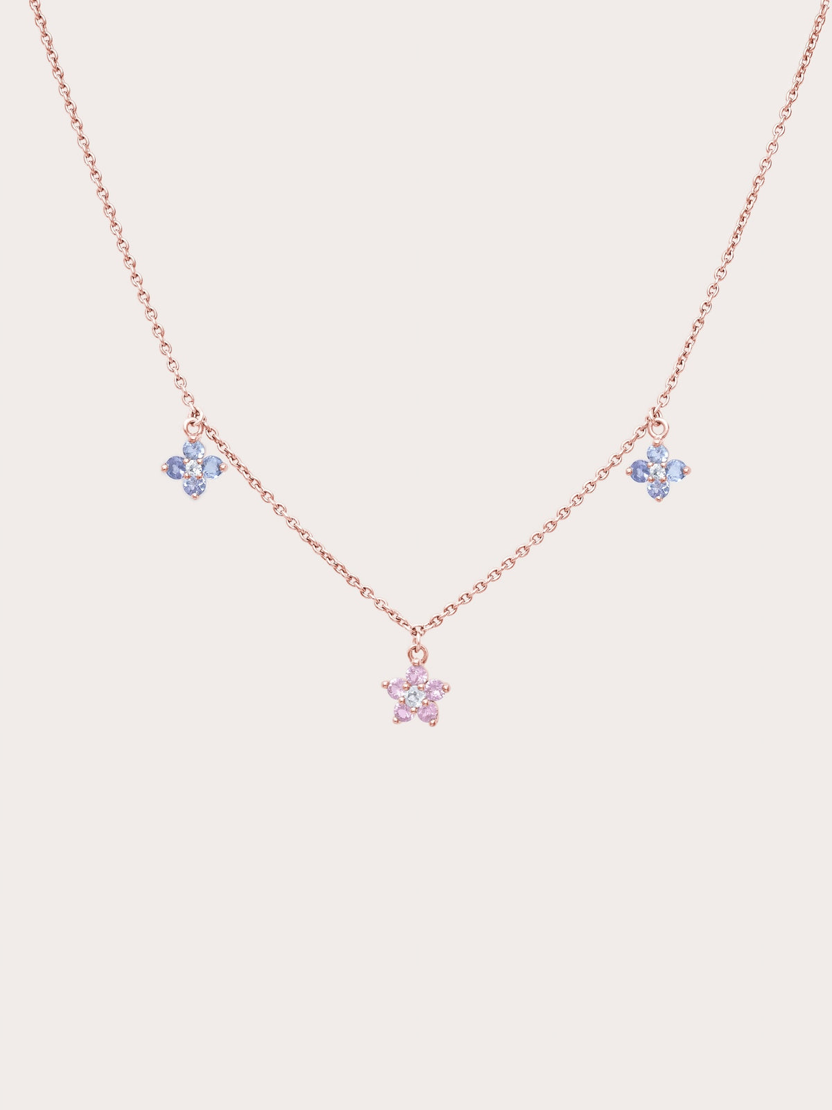 Trio Blossom Necklace Pink Sapphire Tanzanite 18K Rose Gold (1) – Mondays Made Flower & Birthstone Jewelry Singapore