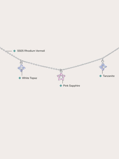 Trio Blossom Necklace Pink Sapphire Tanzanite S925 Silver Rhodium (2) – Mondays Made Flower & Birthstone Jewelry Singapore