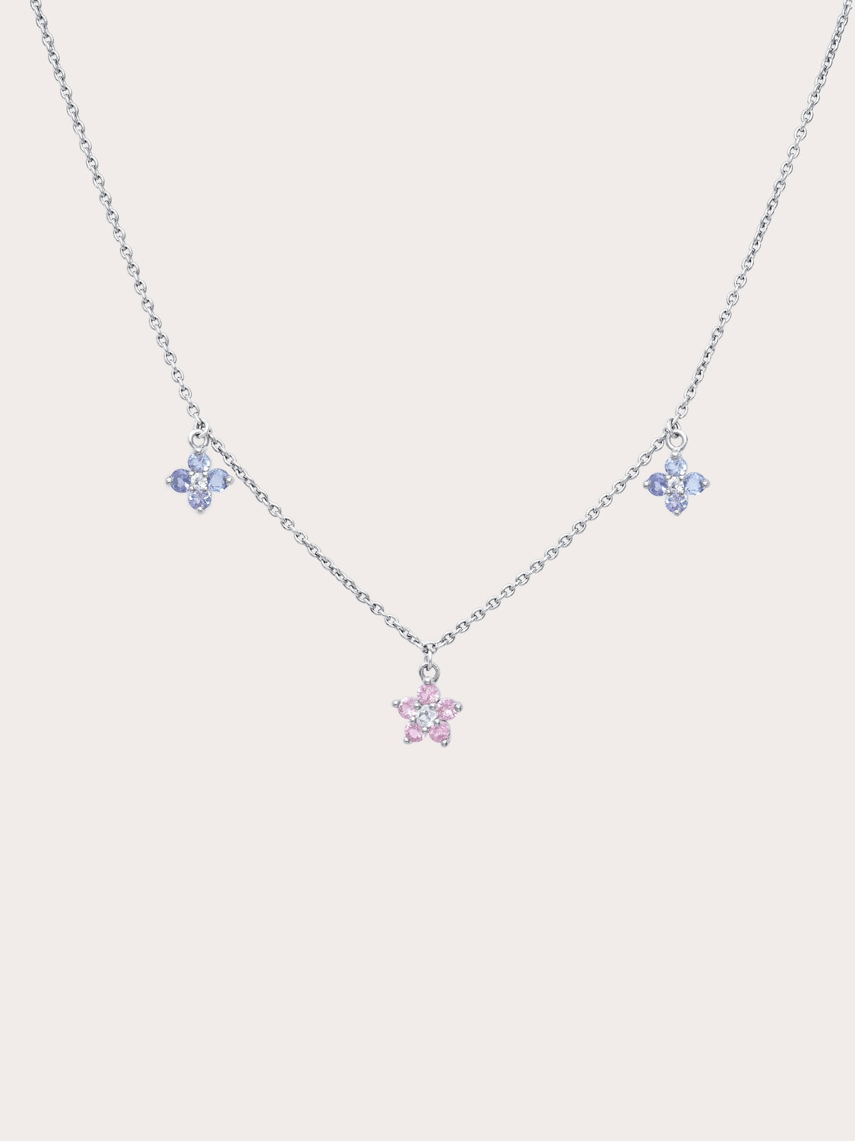 Trio Blossom Necklace Pink Sapphire Tanzanite S925 Silver Rhodium (1) – Mondays Made Flower & Birthstone Jewelry Singapore