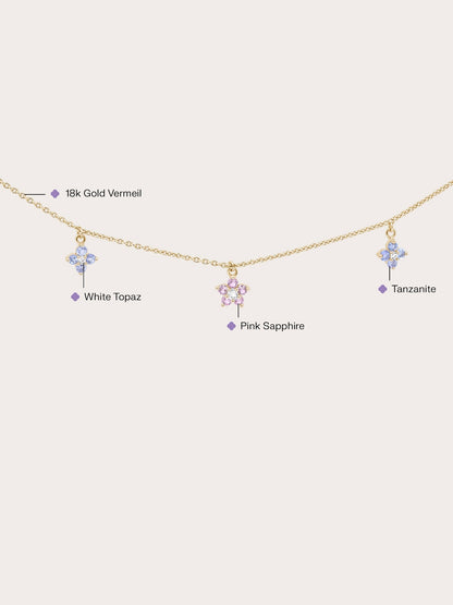 Trio Blossom Necklace Pink Sapphire Tanzanite 18K Gold (2) – Mondays Made Flower & Birthstone Jewelry Singapore