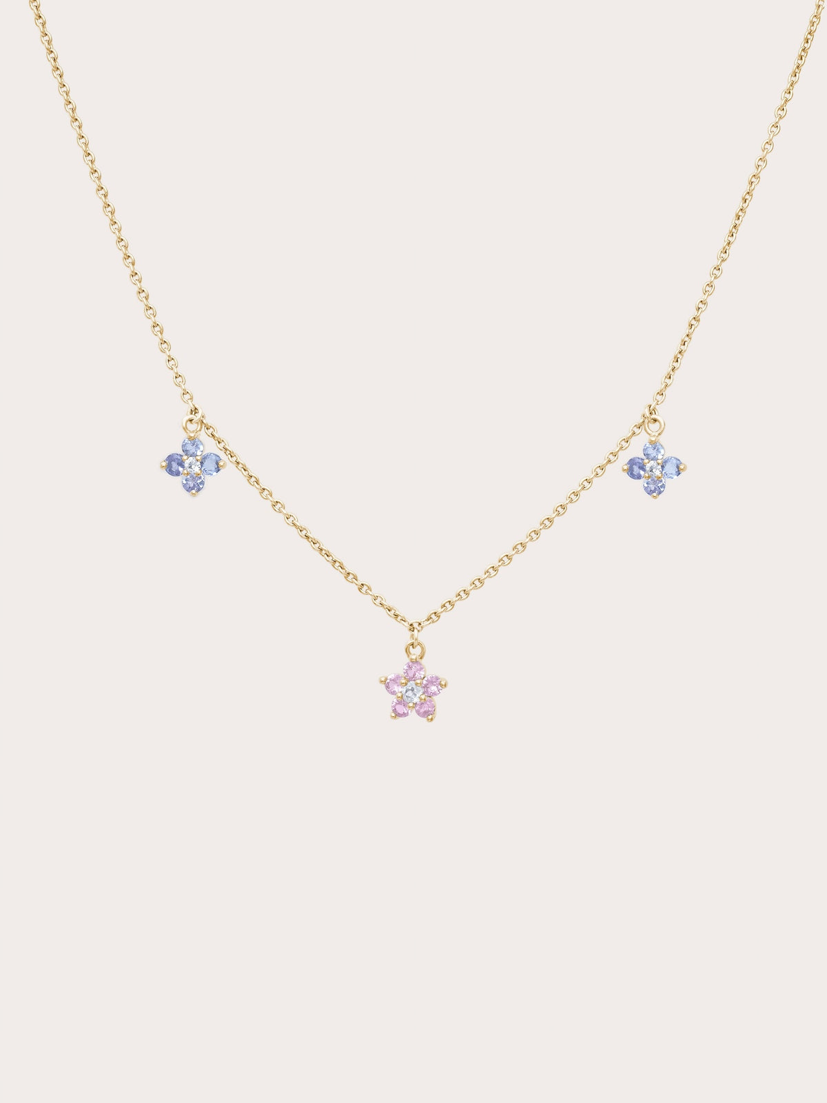 Trio Blossom Necklace Pink Sapphire Tanzanite 18K Gold (1) – Mondays Made Flower & Birthstone Jewelry Singapore