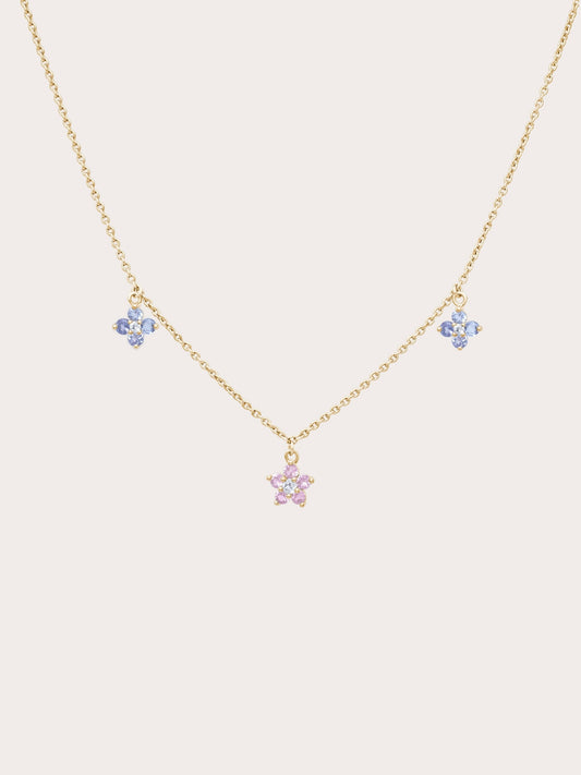 Trio Blossom Necklace Pink Sapphire Tanzanite 18K Gold (1) – Mondays Made Flower & Birthstone Jewelry Singapore