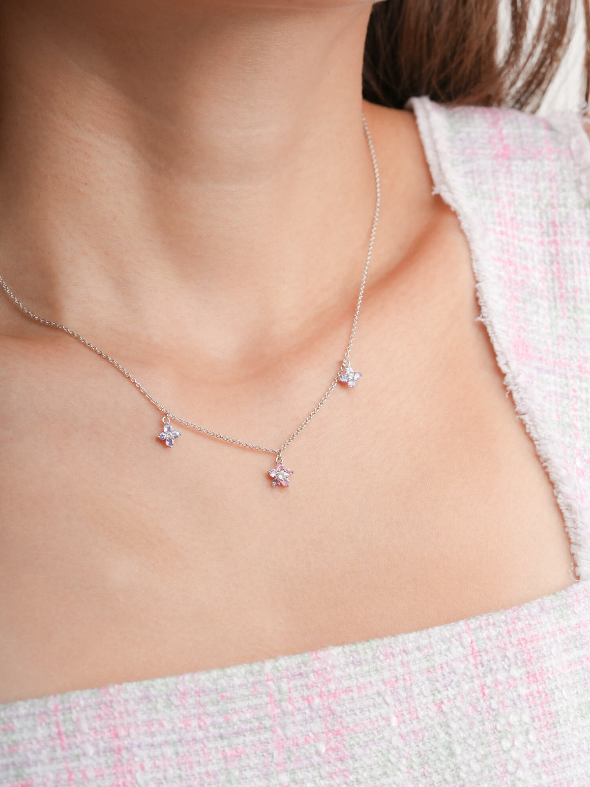 Trio Blossom Necklace S925 Silver Rhodium (2) – Mondays Made Flower & Birthstone Jewelry Singapore