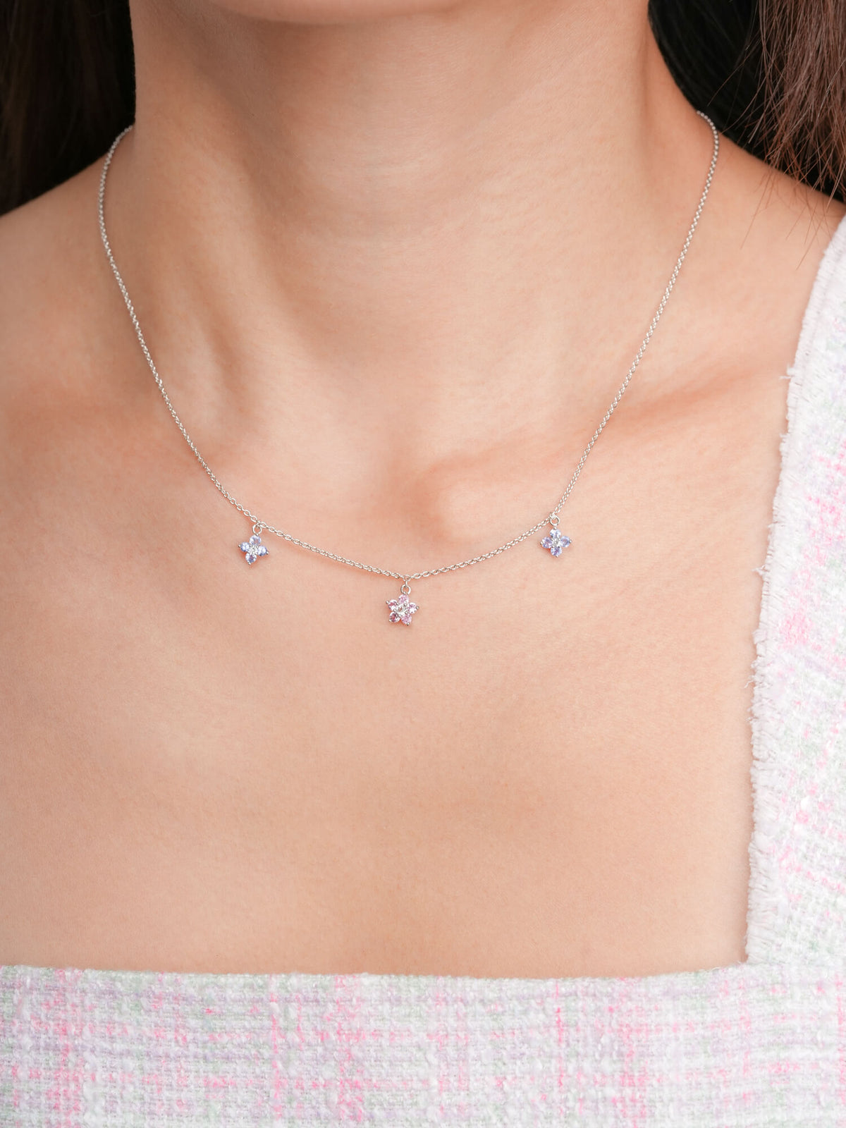 Trio Blossom Necklace S925 Silver Rhodium (3) – Mondays Made Flower & Birthstone Jewelry Singapore