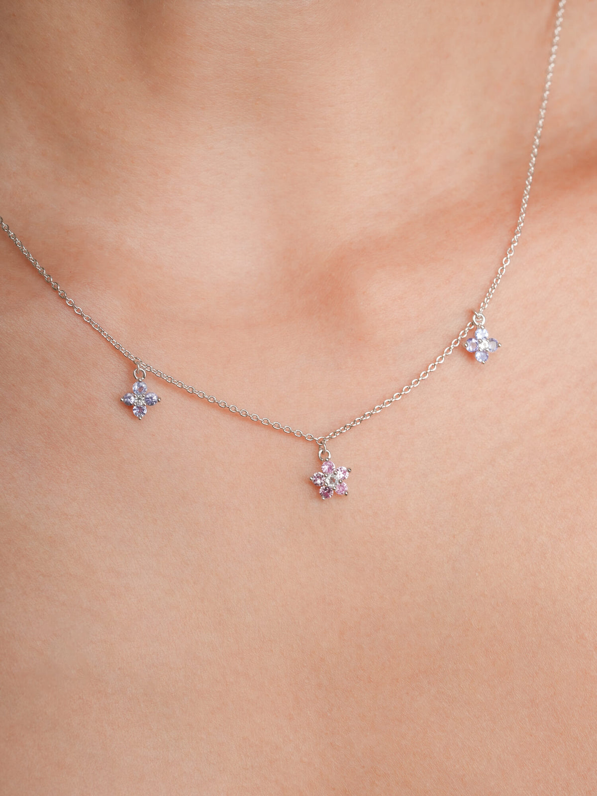 Trio Blossom Necklace S925 Silver Rhodium (1) – Mondays Made Flower & Birthstone Jewelry Singapore